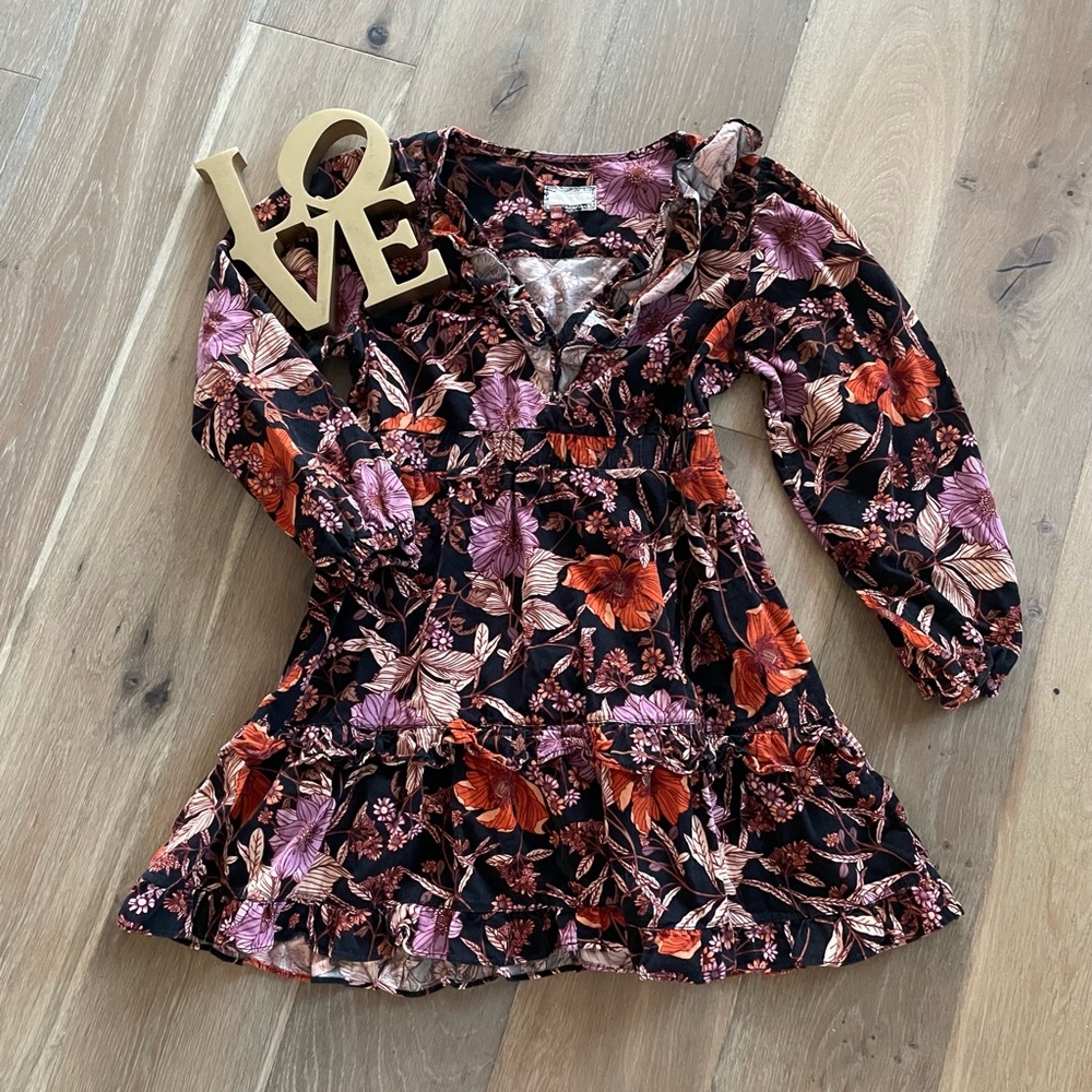 Pilcro Anthropologie Corduroy Ruffle Tiered Floral Dress Pockets
